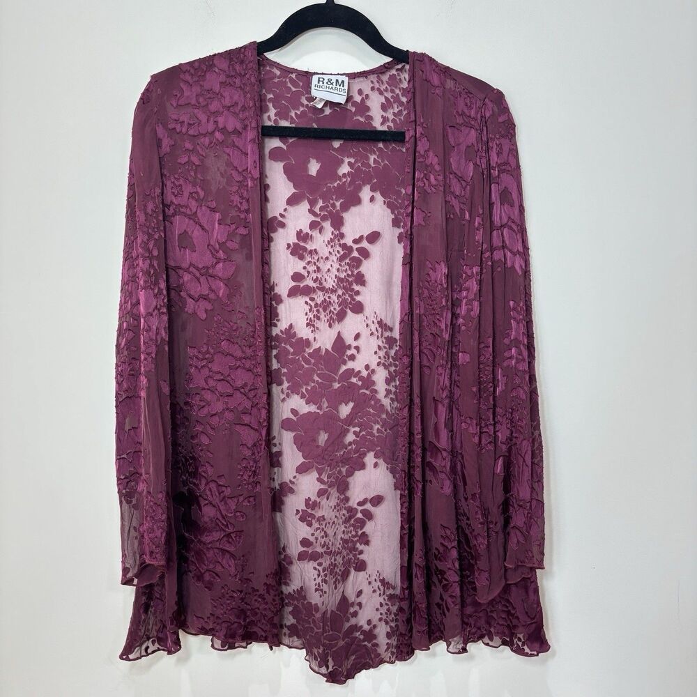 VTG 90s Purple Silk Sheer Velvet Burnout Cardigan Women 10 Floral Whimsigoth